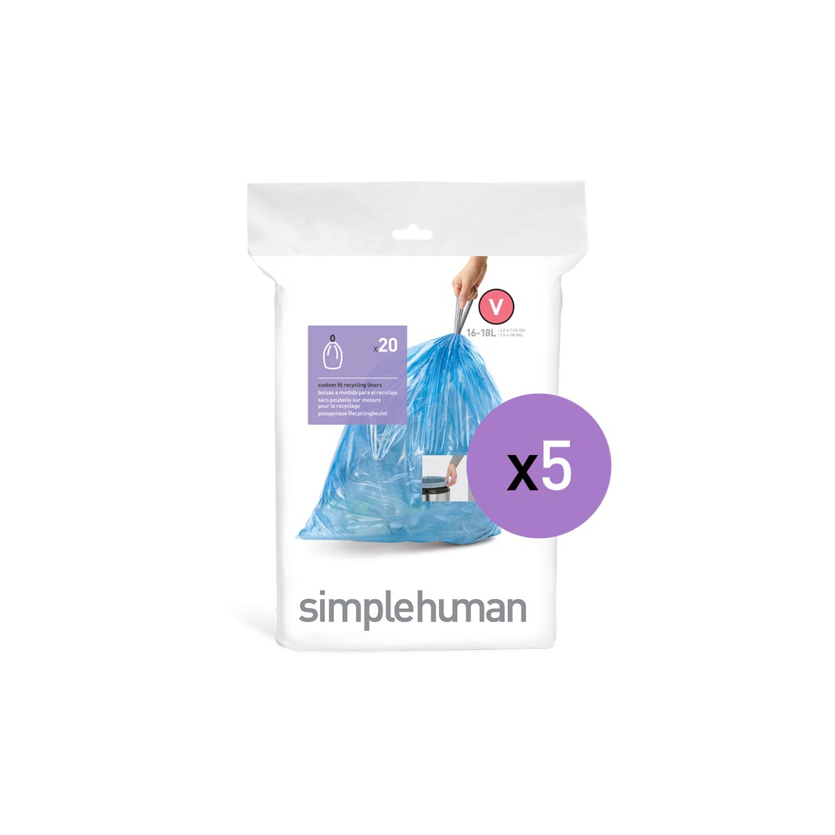  simplehuman Code V Custom Fit Recycling Drawstring Trash Bags,  16-18 Liter / 4.2-4.8 Gallon, 12 Refill Packs (240 Count) - Blue : Health &  Household