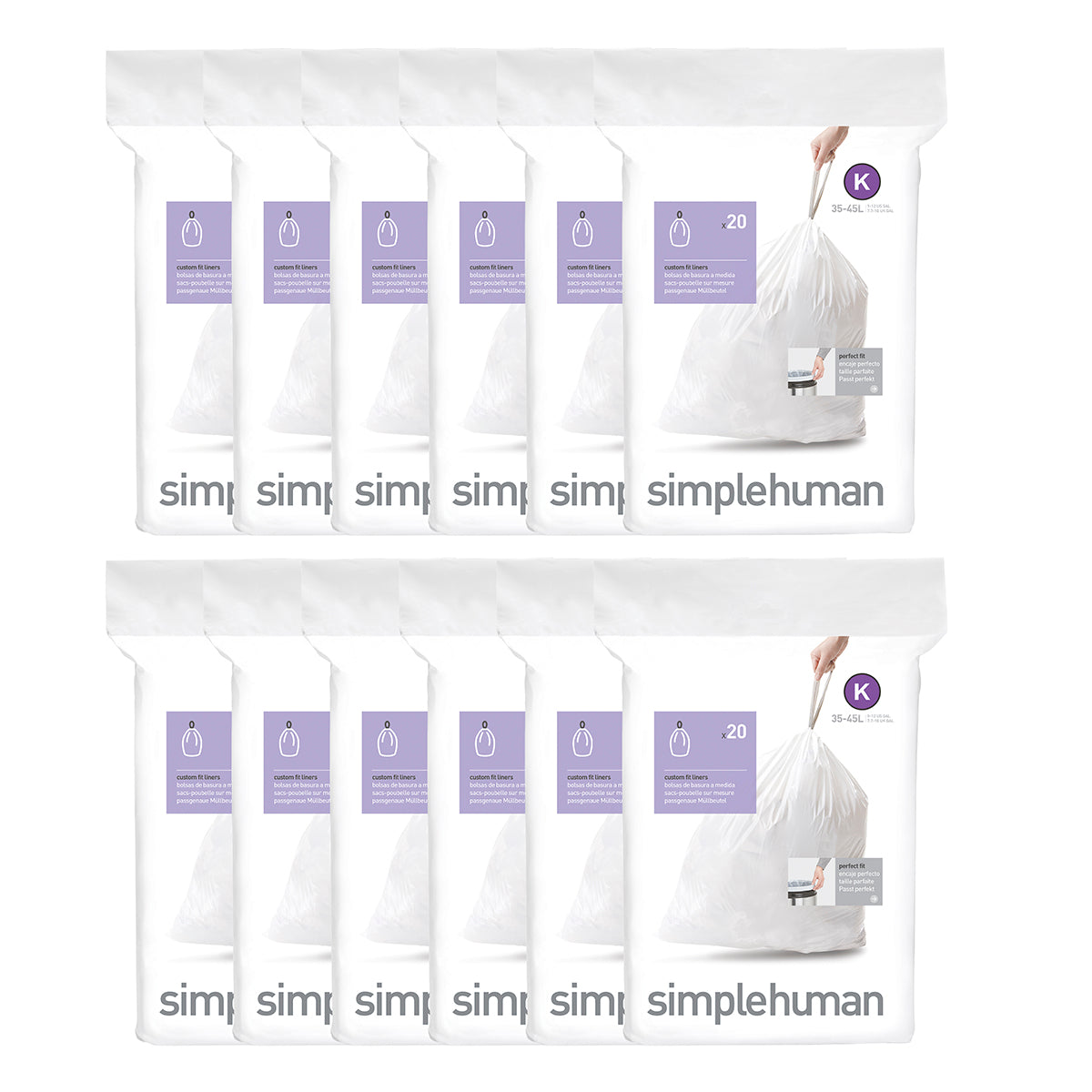 simplehuman Code M Custom Fit Drawstring Trash Bags in Dispenser Packs, 60  Count, 45 Liter / 11.9 Gallon, White