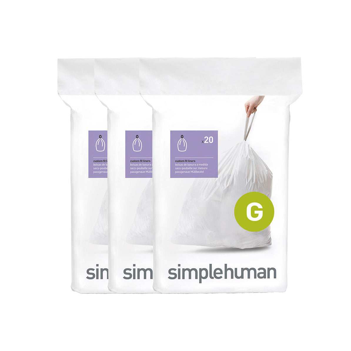  simplehuman Code G Bolsas de basura con cordón de ajuste  personalizado, 30 litros, 8 galones, blanco, 240 unidades : Salud y Hogar