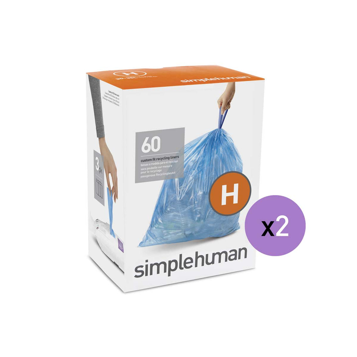 simplehuman CW0286 code H Custom Fit Bin Liner Bulk Pack, Clear Plastic (3  Pack of 20, Total 60 Liners)
