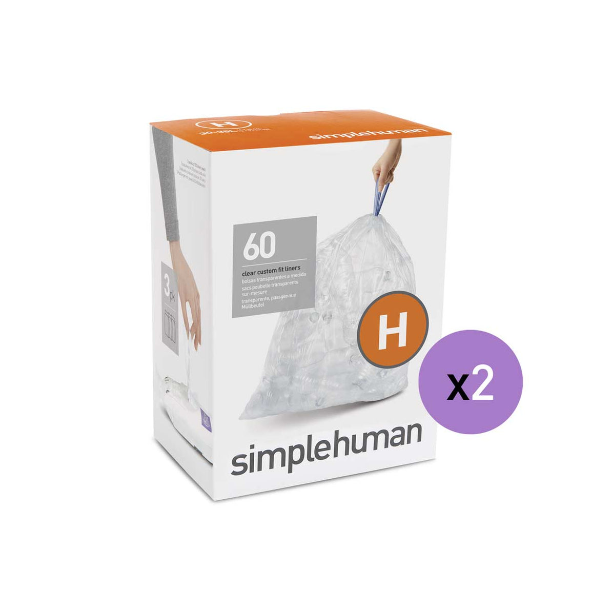 simplehuman CW0286 code H Custom Fit Bin Liner Bulk Pack, Clear Plastic (3  Pack of 20, Total 60 Liners)