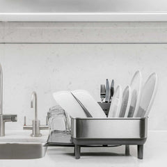 simplehuman - clean and calm never goes out of style ✨ all-white kitchens  help set the tone for a peaceful evening, and our white steel frame  dishrack fits in perfectly! plus it